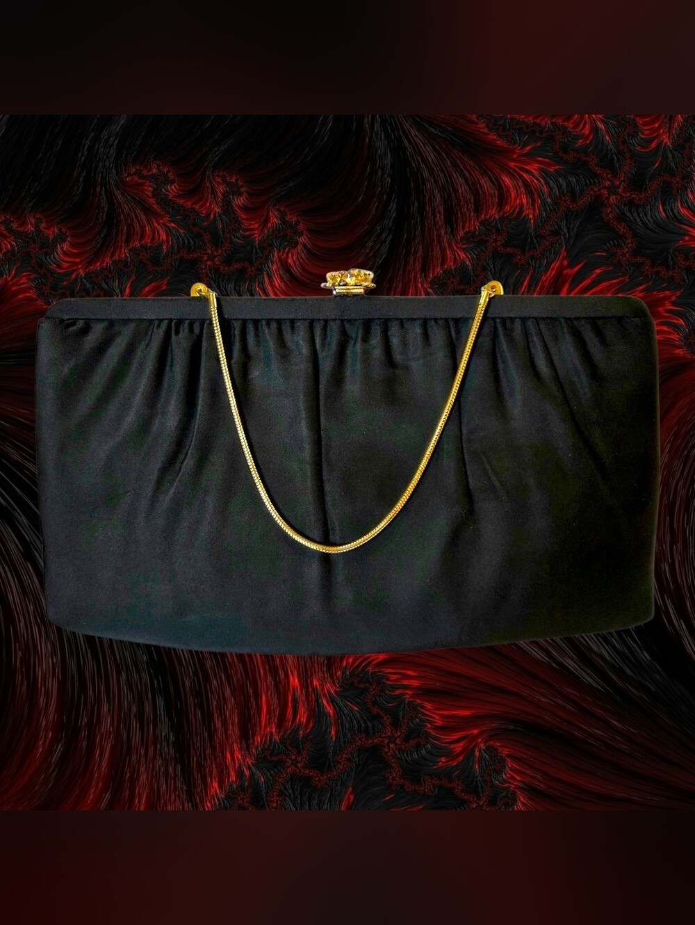 Elegant Vintage Black Evening Clutch with Gold Chain Rose Clasp